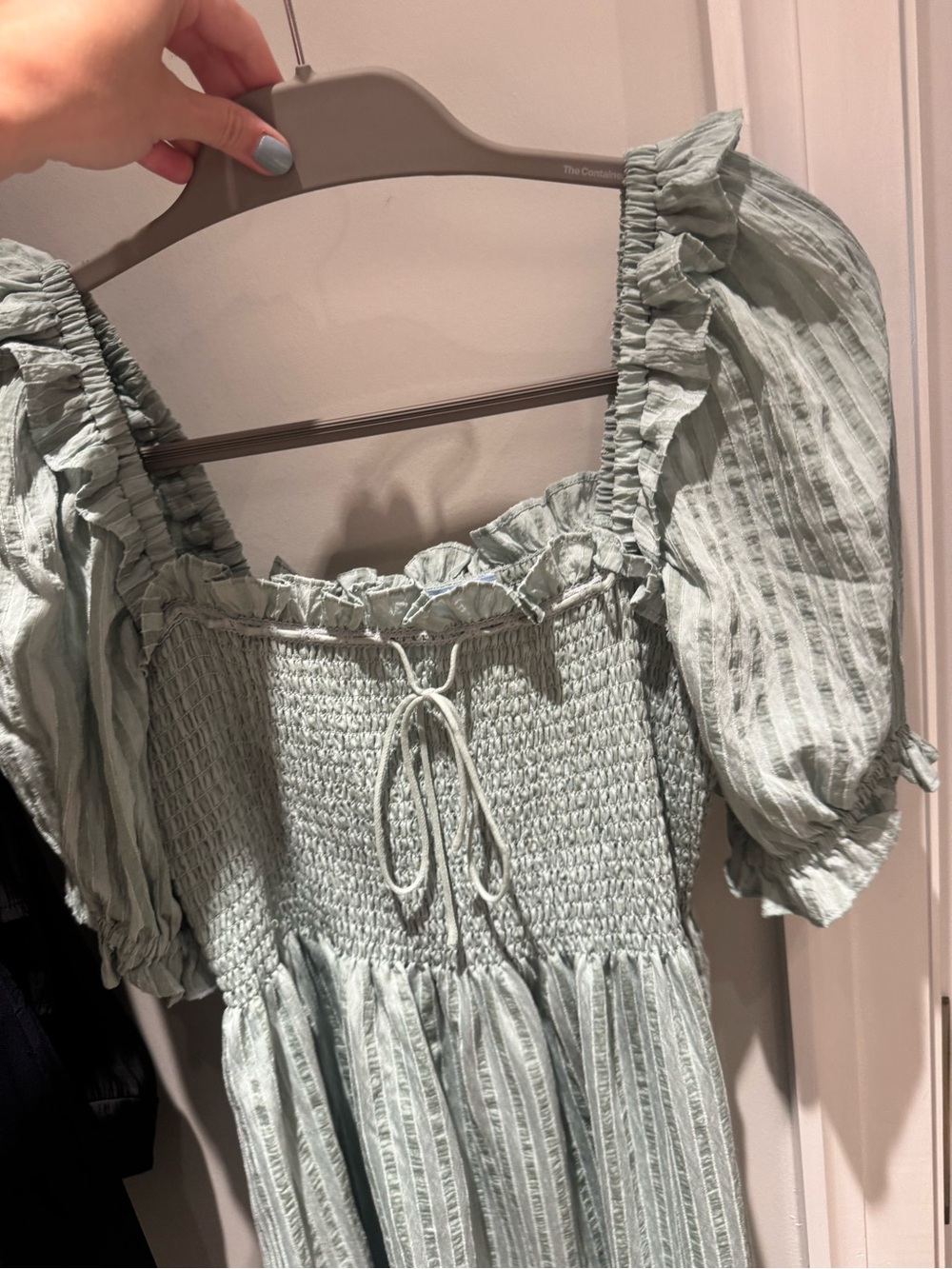 Smocked Sage Green Midi Dress with Puff Sleeves - Picture 5 of 7